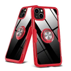 YULNCUZ 対応 iPhone 13 用の ケース リング付き 耐衝撃 ガラス クリアケース 車載ホルダー対応 スタンド機能 透明 レンズ保護 ストラップホール付き 全面保護 黄変防止 スリム アイフォン13 用のカバー 赤 YZ1-118