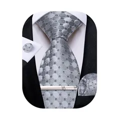[DiBanGu] ネクタイ グレー格子 ネクタイシルク ハンカチタイピン セット 結婚式 ビジネス 入学式 二次会