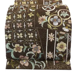 【美品】 袋帯 逸品 草花 幾何学 刺繍 金糸 茶色 六通 正絹 【中古】