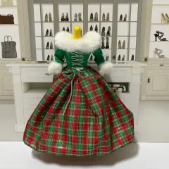 ぬいぐるみ服 レッド/グリーン CHECK ファー トリミング ドレス