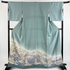 色留袖 身丈164cm 裄丈68cm L 袷 落款 風景 樹木 ぼかし 薄緑 正絹 秀品 一つ紋 【中古】