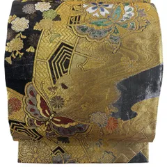 【美品】 袋帯 秀品 振袖向き 桜 蝶 金糸 箔 金色 六通 正絹 【中古】