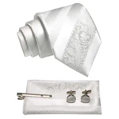 [JEMYGINS] メンズ ネクタイ 真っ白 ストライプ ピン カフス ボタン チーフ ビジネス 就活 結婚式 入学式 卒業式 二次会 冠婚葬祭 パーティー 父の日 プレゼント ギフトボックス付き