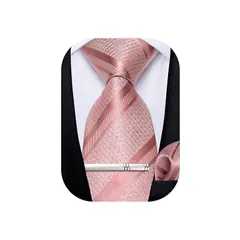[DiBanGu] ネクタイ ピンク 結婚式 ストライプ ポケットチーフ タイピン 洗濯可能 ビジネス 入学式