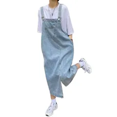 [レグエイト] レディース サロペット オールインワン ライトブルー デニム風 ワイド パンツ 綿 ポリエステル カジュアル ナチュラル トレンド 体型カバー M L XL 春 夏 秋 即戦力 抜け感 体型カバー 爽やか (XL) [XL]