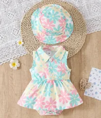新品☆ベビーロンパース.花柄ドレス(帽子付き)