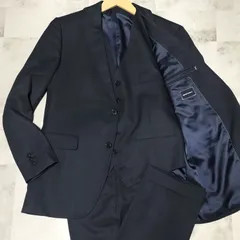 【美品】THE SUITS COMPANY　3ピース ウール ビジネス セットアップ　175cm/4Drop　ネイビー 紺色　ポリエステル