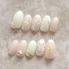 No.2055 現品販売！ネイルチップ　ピンク/フラワーレース/ブライダル