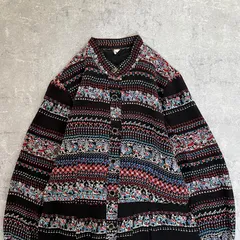 昭和レトロ 黒地マルチカラー民族柄 前開きロングワンピース11号