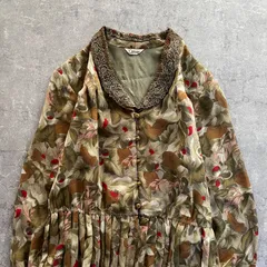 昭和レトロ ボタニカル花柄 レース衿総柄カーキ長袖ロングワンピースフリーサイズ