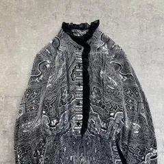 昭和レトロ 黒白ペイズリー柄 フリル衿長袖ロングワンピース13号ゆったり（