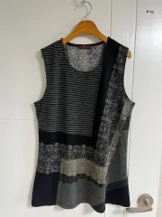 (日本 ヴィンテージ)ニット ベスト Long ラウンド カジュアル ブラック バイカラー XL