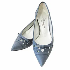 銀座かねまつ GINZA Kanematsu パンプス ポインテッドトゥ パンチングレザー スプールヒール 23.5cm ネイビー 紺 0801 IBO75