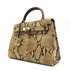 パイソン 本革 ハンドバッグ カデナ 鍵付 蛇革 ヘビ エキゾチックレザー ベージュ