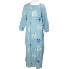 スーパーハッカ SUPER HAKKA コットンシルク ワンピース ロング 刺繡 花柄 鳥柄 7分袖 バンドカラー 青 ブルー /X