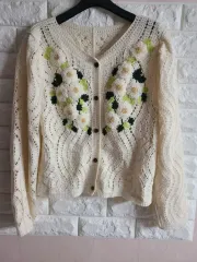 アイボリー 花 刺繍 ニット カーディガン