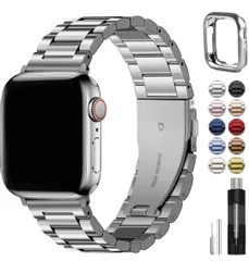 ★「Fullmosa」for Apple Watch バンド 45mm 44mm 42mm 46mm 49mm 41mm 40mm 38mm 保護ケース付き ステンレス製 （45mm 44mm 42mm(S3/2/1), シルバー）