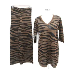 ザラ ZARA セットアップ 上下 ニットチュニック 七分袖 Vネック ワイドパンツ アンクル丈 S 茶 ブラウン ゼブラ柄 アニマル柄 /SM14 ■GY61