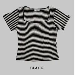 エイブリー (ably) むちむち ストレッチ効き 細見え スクエアネック ボーダー柄Tシャツ