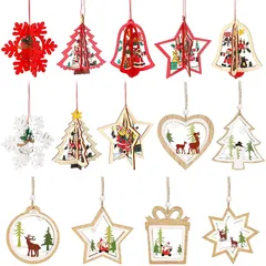 JANLOFO 14個セット クリスマスツリー オーナメント 木製 クリスマスツリー 飾り 北欧 デコレーション 立体 透かし彫り 星 雪 サンタ 雪だるま ハート ベル 1