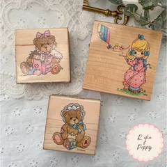 アメリカ製 ヴィンテージ スタンプ 3個セット くま テディベア  プレシャスモーメント 木製 ジャンクジャーナル 雑記帳などの作品作りに 雑貨 まとめ売り