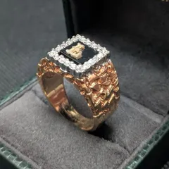 イニシャルリング L 18KT GE ゴールド エレクトロプレート 金メッキ ナゲットテクスチャー 24号 13g クリアストーン