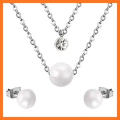 【新品】 [LEREVE] ブランド 一粒パールと覆輪留めダイヤモンドCZのレイヤード ネックレス 真珠ピアス プレゼント用ギフト缶 セット シルバー 0