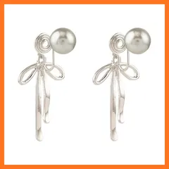 【新品】 ピアス穴なしクリップ式イヤリング、女性用、グレーパール、蝶結び、ファッション、かわいいイヤリング、ダングルドロップ、ジュエリー、学生向けギフト (クリップ式イヤリング) 0