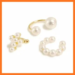 【新品】 ALOHAMONI (アロハモニ) イヤーカフ 3点セット パール ゴールド 軟骨 フープ イヤークリップ クロス 十字架 2粒 U字 C型 重ね付け 片耳 両耳 レディース 韓国 オルチャン
