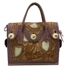 Carving Tribes(カービングトライブス) ハンドバッグ - パープル×ブラウン×マルチ 型押し加工/フラワー(花) レザー
