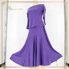 社交ダンス 衣装 スタンダード 上下セット ツーピース レッスンウェア パーティ衣装 パープル系 Leirena レイリーナ 紫 無地 ラインストーン レース パーティ スカート トップス レディース ダンスウェア 踊り衣装 おしゃれ 伸縮性 体型カバー