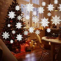 クリスマス 飾り クリスマスツリー装飾 3D 立体 12個のハンギングスノーフレークデコレーション 雪花飾り 雪の結晶 オーナメント パーティー 装飾品 糸付き 店舗装飾 パーティーグッズ 12枚セット（ホワイト） 1