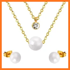 【新品】 [LEREVE] ブランド 一粒パールと覆輪留めダイヤモンドCZのレイヤード ネックレス 真珠ピアス プレゼント用ギフト缶 セット ゴールド 0