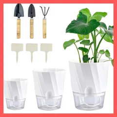 ★注目商品★STATIN4 自動給水プランター 植木鉢 プラスチック 観葉植物 自動水やり 自動給水キャップ 直径20/15/12cm おしゃれ ハーブ鉢 排水穴 ガーデンツール 室外室内 ホワイト 9点セット 1