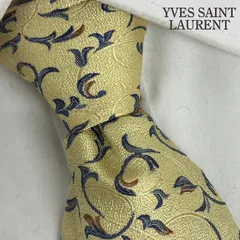 《美品》YVES SAINT LAURENT (イヴサンローラン) シルクネクタイ 総柄 蔦 植物 ゴールドベージュ ネイビー ブラウン