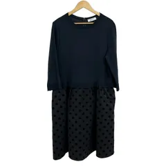 ネミカ ワンピース サイズ17+ XL レディース - 黒×ダークネイビー クルーネック/七分袖/ロング/ドット柄/異素材切替