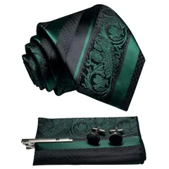[JEMYGINS] メンズ ネクタイ ダークグリーン ストライプ ピン カフス ボタン チーフ ビジネス 就活 結婚式 入学式 卒業式 二次会 冠婚葬祭 パーティー 父の日 プレゼント ギフトボックス付き