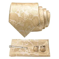 [JEMYGINS] メンズ ネクタイ ペイズリー柄 ピン カフス ボタン チーフ ビジネス 就活 結婚式 入学式 卒業式 二次会 冠婚葬祭 パーティー 父の日 プレゼント ギフトボックス付き,シャンペンゴールド2