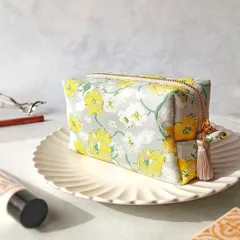 コンパクトサイズのBOX型コスメポーチ｜ジャガード＊花柄＊イエロー＊春