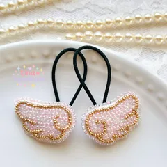 【キッズヘアゴム】キラキラ天使のはねのビーズ刺繍ヘアゴム 2つセット｜ゴールド×ピンク｜プレゼントにも