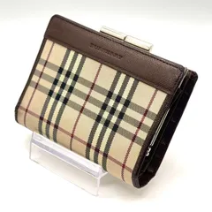 【小銭が見やすい大人財布】　BURBERRY　二つ折り財布 がま口 チェック柄 レザー キャンバス コンパクトウォレット　ベージュ