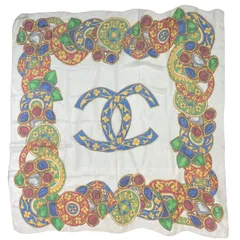 美品 CHANEL シャネル 超大判 スカーフ シルク100％ ココマーク ジュエリー柄 ホワイト