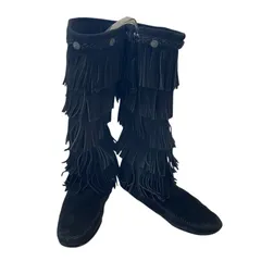MINNETONKA ミネトンカ 5レイヤーフリンジロングブーツ スエード ブラック サイズ24.0〜25.0cm【DD124】