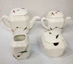 昭和レトロ 調味料入れ 4点セット 六角形 陶器製（醤油差し・酢差し・薬味入れ・爪楊枝立て）