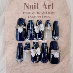 ネイルチップ　現品　フレンチガーリー　ちゅるん　ニュアンス　バレエコア　ワンホン　韓国　メンカラ　推しネイル　y2k  夢かわ　ツイード　バレエコア　ツイード　ネイビー　紺