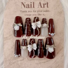ネイルチップ　現品　フレンチガーリー　ちゅるん　ニュアンス　バレエコア　ワンホン　韓国　メンカラ　推しネイル　y2k  夢かわ　ツイード　バレエコア　バーガンディ　ボルドー