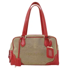 プラダ PRADA バッグ レディース ブランド ハンドバッグ ロゴジャガード キャンバス レザー ベージュ レッド 手持ち おしゃれ ロゴ おでかけ 可愛い 【中古】