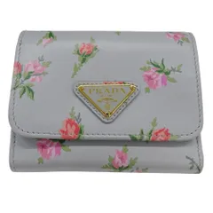 プラダ PRADA 財布 レディース ブランド 三つ折り財布 フラワー ローズ レザー パールグレー 1MH043 コンパクト ミニ 日本限定【中古】