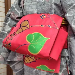 【アンティーク】一点物　2WAY！ 二部式作り帯草葉模様　名古屋帯リメイク  No7595692