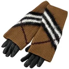 バーバリー BURBERRY 手袋 レディース ブランド ウール レザー グローブセット ブラウン ブラック サイズ7.5号 チェック アームウォーマー 【中古】